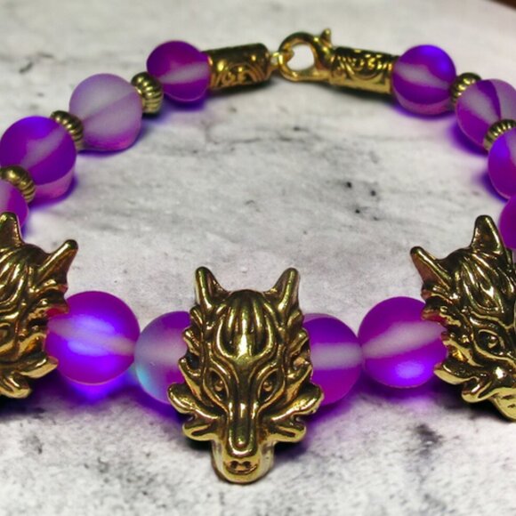 NEW Cerberus Triple Wolf Bracelet With Purple Beads. Handmade Greek myth jewelry - Picture 4 of 6